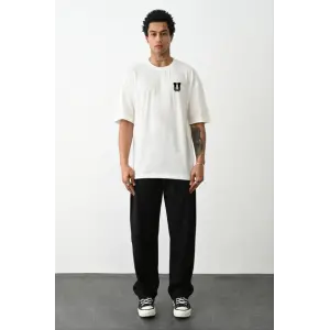 Erkek Kısa Kol Yazlık Tişört Bisiklet Yaka Baskılı Oversize T-Shirt - Beyaz