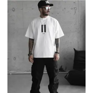 Erkek Kısa Kol Yazlık Tişört Bisiklet Yaka Baskılı Oversize T-Shirt - Beyaz