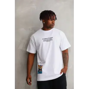 Erkek Bisiklet Yaka Baskılı Oversize T-Shirt - Beyaz