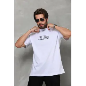 Erkek Kısa Kol Yazlık Tişört Bisiklet Yaka Baskılı Oversize T-Shirt - Beyaz