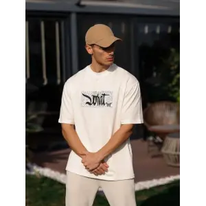 Erkek Kısa Kol Yazlık Tişört Bisiklet Yaka Baskılı Oversize T-Shirt - Beyaz