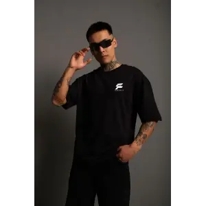 Erkek Kısa Kol Yazlık Tişört Bisiklet Yaka Baskılı Oversize T-Shirt - Siyah