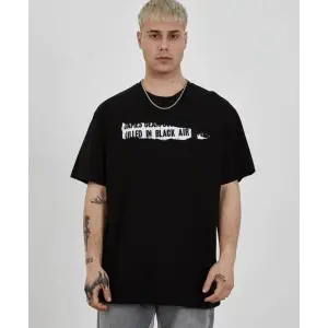 Erkek Kısa Kol Yazlık Tişört Bisiklet Yaka Baskılı Oversize T-Shirt - Siyah