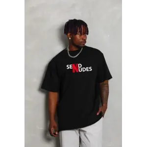 Erkek Kısa Kol Yazlık Tişört Bisiklet Yaka Baskılı Oversize T-Shirt - Siyah
