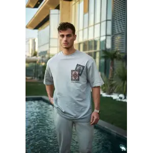 Erkek Kısa Kol Yazlık Tişört Bisiklet Yaka Baskılı Oversize T-Shirt - Boyalı Gri