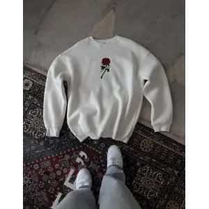 ERKEK 3 iplik Pamuklu Bisiklet Yaka Ön Ve Arka Baskılı SweatShirt -  Beyaz