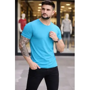 Erkek Body Tişört Bisiklet Yaka Slim Fit Likralı T-Shirt - Açık Mavi