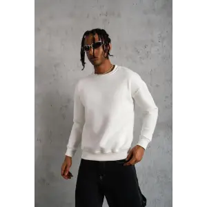 Erkek Düz Bisiklet Yaka 3 iplik pamuklu Sweatshirt - Beyaz