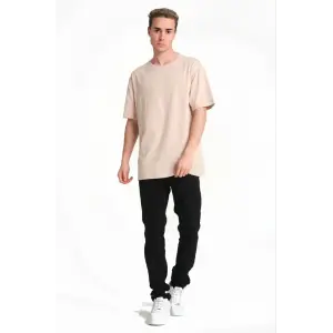 Erkek Düz Penye Tişört Bisiklet Yaka Kısa Kol Regular Fit T-Shirt - Bej
