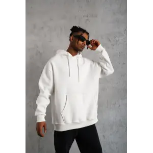 Erkek 3 İplik Pamuklu Kapüşonlu Kanguru Cepli Sweatshirt Hoodie - Beyaz