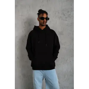 Erkek 3 İplik Pamuklu Kapüşonlu Kanguru Cepli Sweatshirt Hoodie -  Siyah