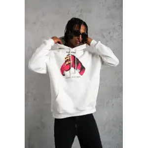 Erkek Kapüşonlu Cepli Boks Eldiven Baskılı 3 İplik Sweatshirt Hoodie - Beyaz