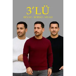 Erkek Fitilli Triko Bisiklet Yaka Kalın Kazak 3lü Set Beyaz-Bordo-Siyah