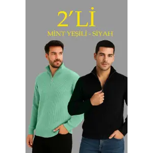Erkek Fitilli Triko Kazak 2’li Set Mint Yeşili Siyah Kalın Dokuma Pamuklu Regular Fit V