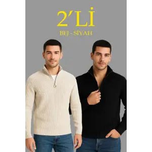 Erkek Fitilli Triko Kazak 2’li Set Siyah Bej Kalın Dokuma Pamuklu Regular Fit V Yaka