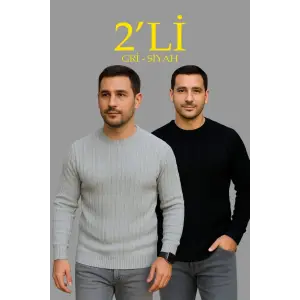 Erkek Fitilli Triko Kazak 2’li Set Siyah Gri Kalın Dokuma Pamuklu Regular Fit Bisiklet