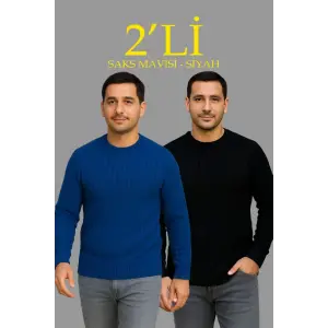 Erkek Fitilli Triko Kazak 2’li Set Siyah Saks Mavisi Kalın Dokuma Pamuklu Regular Fit