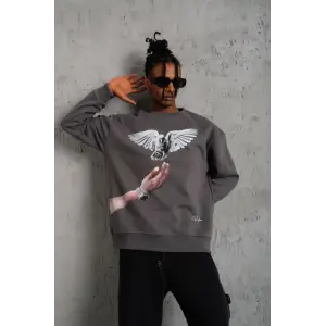 Erkek Güvercin Baskılı 3 iplik pamuklu Bisiklet Yaka Sweatshirt - Gri
