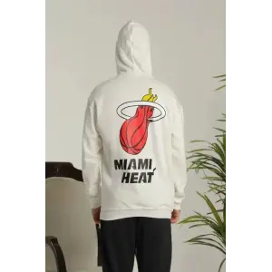Erkek 3 İplik Pamuklu Kapüşonlu Baskılı Cepli Oversize Sweatshirt Hoodie - Beyaz