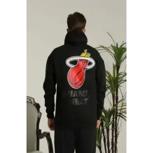 Erkek 3 İplik Pamuklu Kapüşonlu Baskılı Cepli Oversize Sweatshirt Hoodie - Siyah