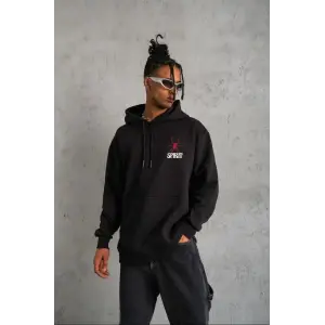 Erkek 3 İplik Pamuklu Kapüşonlu Baskılı Cepli Oversize Sweatshirt Hoodie - Siyah