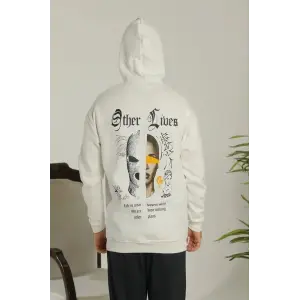 Erkek 3 İplik Pamuklu Kapüşonlu Baskılı Cepli Oversize Sweatshirt Hoodie - Beyaz