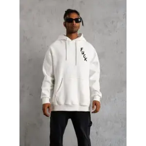 Erkek 3 İplik Pamuklu Kapüşonlu Baskılı Cepli Oversize Sweatshirt Hoodie - Beyaz