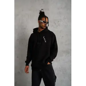 Erkek 3 İplik Pamuklu Kapüşonlu Baskılı Cepli Oversize Sweatshirt Hoodie - Siyah