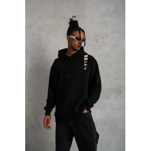 Erkek 3 İplik Pamuklu Kapüşonlu Baskılı Cepli Oversize Sweatshirt Hoodie - Siyah