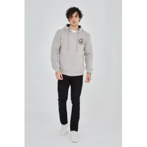 Erkek 3 İplik Pamuklu Fermuarlı Kapüşonlu Kanguru Cepli Baskılı Hoodie Hırka Sweatshirt - Boyalı Gri