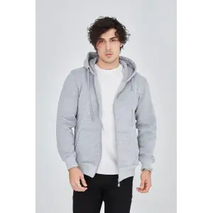 Erkek 3 İplik Pamuklu Fermuarlı Kapüşonlu Kanguru Cepli Hoodie Hırka Sweatshirt - Gri
