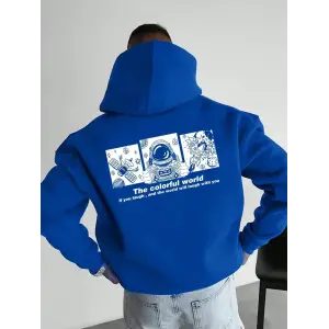 Erkek Baskılı Kapüşonlu Cepli Hoodie 3 İplik Pamuklu Sweatshirt - Saks Mavisi