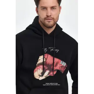 Erkek 3 İplik Pamuklu Kapüşonlu Cepli Boxy Eldiven Baskılı Hoodie Sweatshirt - Siyah