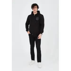 Erkek 3 İplik Pamuklu Fermuarlı Kapüşonlu Kanguru Cepli Baskılı Hoodie Hırka Sweatshirt - Siyah