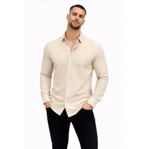 Erkek KETEN Kumaş  Uzun Kollu Regular fit Gömlek - Bej