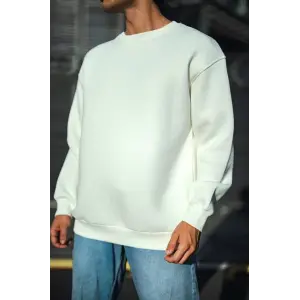 Erkek  Bisiklet Yaka 3 İplik Pamuklu Basic SweatShirt - Beyaz
