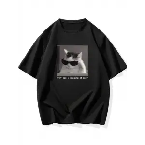 Erkek T-Shirt Komik Kedi Baskılı kısa kol Tişört - Siyah
