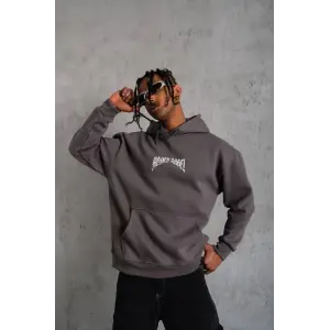 Erkek 3 İplik Pamuklu Baskılı Kapüşonlu Cepli Sweatshirt Hoodie - Füme