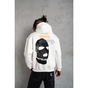 Erkek Maske Baskılı 3 iplik pamuklu Kapüşonlu Sweatshirt hoodie - Beyaz