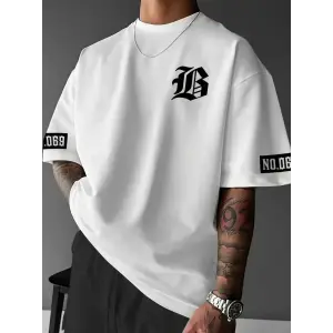 Erkek LB Baskılı Tişört Bisiklet Yaka Kısa Kol T-shirt - Beyaz