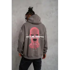 Erkek 3 İplik Pamuklu Kapüşonlu Baskılı Cepli Oversize Sweatshirt Hoodie - Gri