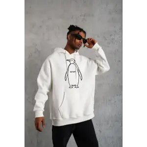 Erkek Nihilist Penguen Baskılı 3 İplik Pamuklu Kapüşonlu Sweatshirt Hoodie Beyaz