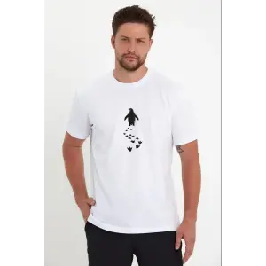 Erkek T-Shirt Nihilist Penguen Baskılı Bisiklet Yaka Kısa kol yazlık Tişört - Beyaz