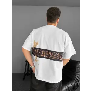 Erkek T-Shirt Ön ve Arka Baskılı Oversize Bisiklet Yaka tişort - Beyaz
