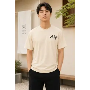 Erkek Ön ve Arka Tokyo Kuş Çiçek Baskılı Oversize T-Shirt - Ekru