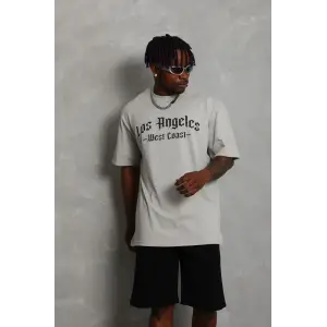 Erkek Baskılı Tişört Kısa Kol Bisiklet Yaka Oversize T-Shirt - Gri