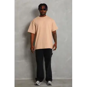 Erkek Düz Yazlık Kısa Kol Tişört Bisiklet Yaka Oversize T-Shirt - Bej