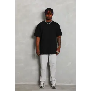 Erkek Düz Yazlık Kısa Kol Tişört Bisiklet Yaka Oversize T-Shirt - Siyah