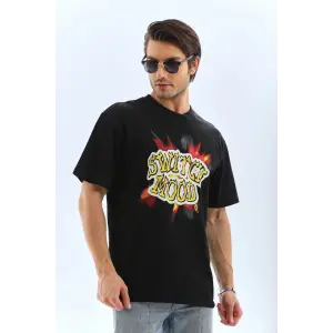 Erkek Kısa Kol Yazlık Tişört Bisiklet Yaka Baskılı Oversize T-Shirt - Siyah