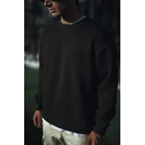Erkek pamuklu Bisiklet Yaka 3 İplik Basic SweatShirt - Siyah